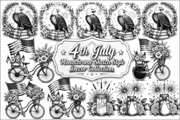 4th of July Monochrome Sketch Style Set