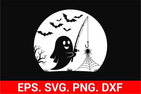 Cute Ghost Fishing SVG Halloween Moon