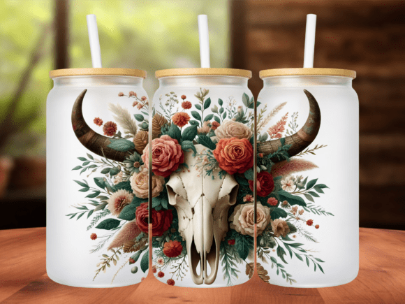 Floral Boho Bull Skull Tumbler Wrap