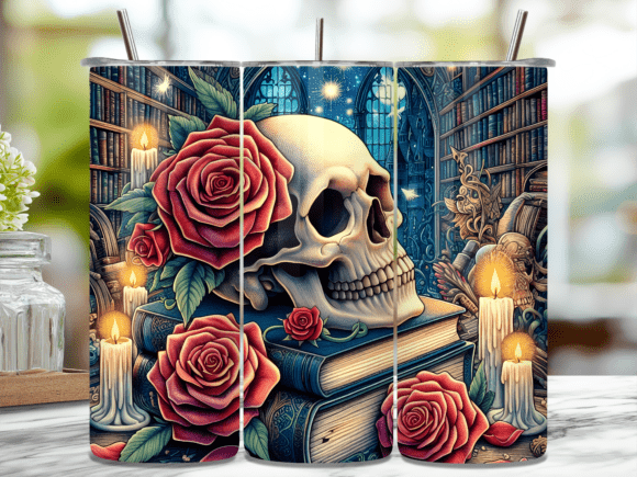Gothic Library Skull and Roses Tumbler
