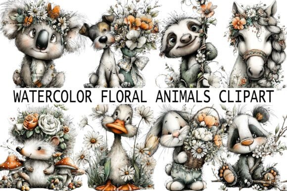 Watercolor Floral Animals Clipart