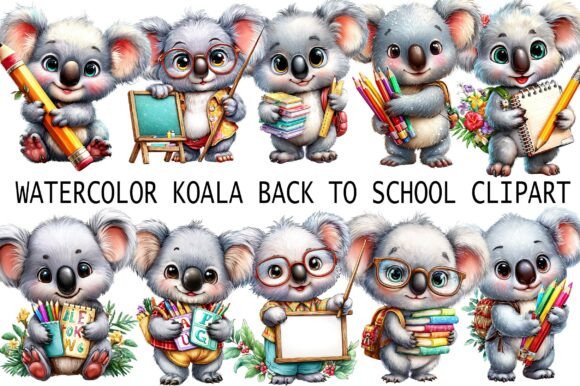 Watercolor Koala Back to School Clipart